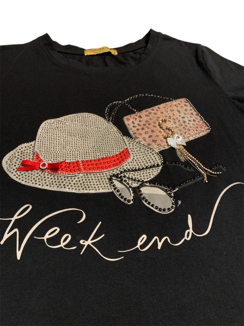 Embellished Women's Hat Graphic Tee - Black